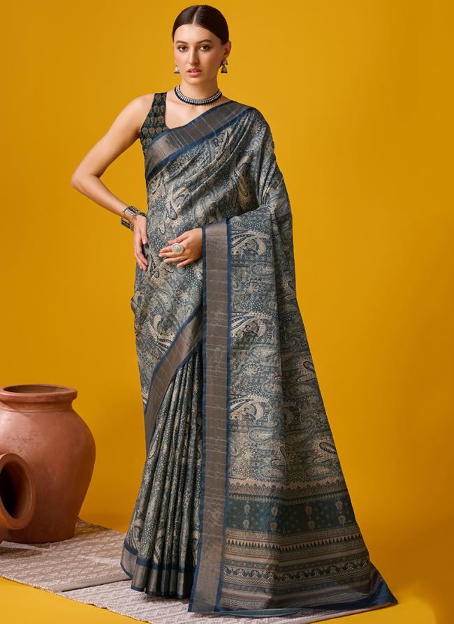 Cotton Grey Festival Wear Floral Print Saree